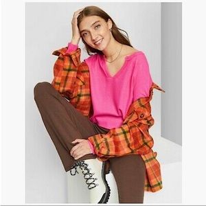 WILD FABLE | PINK CROPPED BARBIECORE RIBBED LONG SLEEVE TOP